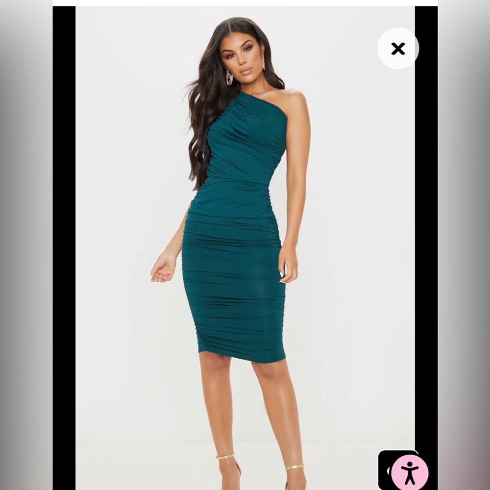 Emerald Green One Shoulder Ruched Midi Dress